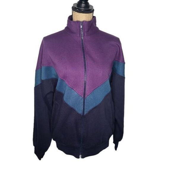 Vintage Tops - Vintage 80s Retro Chevron Purple Teal Zip Up Sweatshirt Medium Unisex